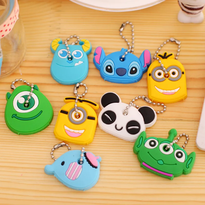

5Pc Cartoon Anime Minion Cute Owl Key Cover Bear Elephant Panda Keychain Silicone Holder Porte Clef Car Key Ring Cat Cap Chain