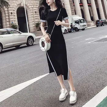 

2019 Women's Round Neck Short Sleeve Side Striped Split Sexy Backless Slim Waist Dress Vestidos Verano Mujer T8