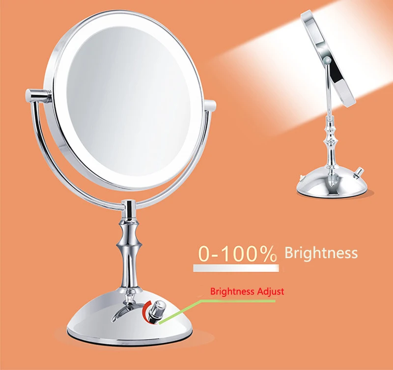  8 Inch Desktop Makeup Mirror 2-Face Metal Mirror 3X 5X 10X Magnifying Cosmetic Mirror LED Lamp Adju - 32856123691