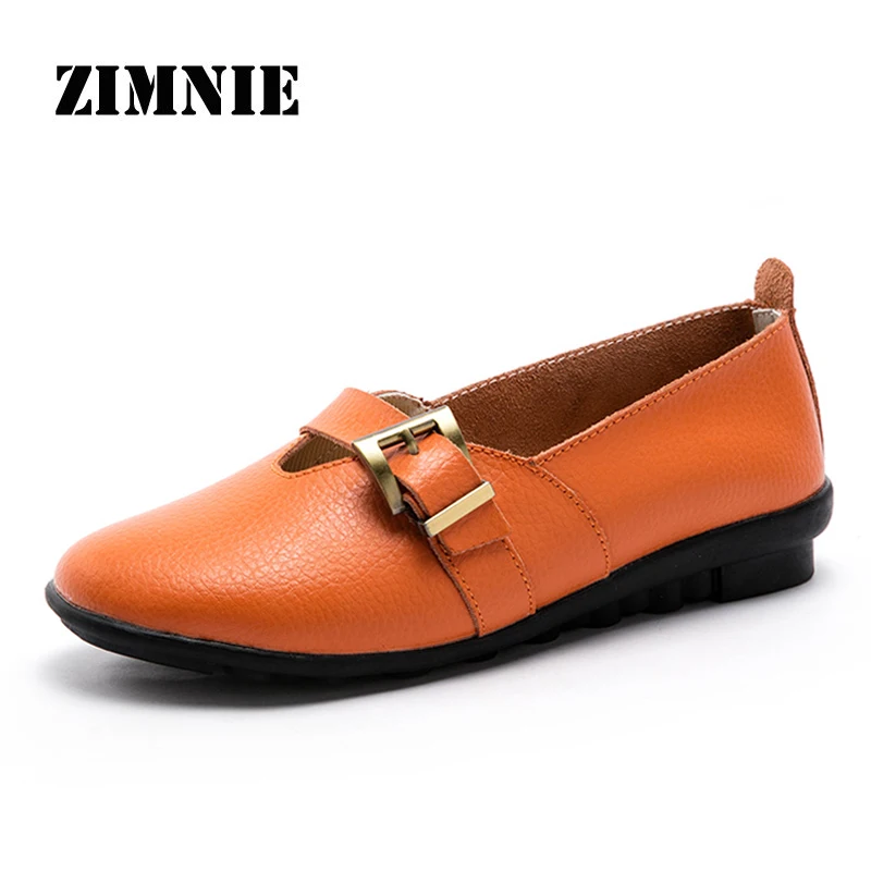 

ZIMNIE Brand Summer Woman Split Leather Casual Boat Shoes Woman Round Toe Flats Slip On Casual Loafers Shoes Big Plus Size 35~44
