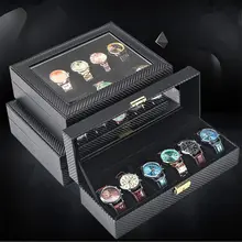 Углеродное волокно кожа часы коробка для хранения с ключом черный дисплей для часов кожаный чехол коробка механический упаковочная коробка для часов D026