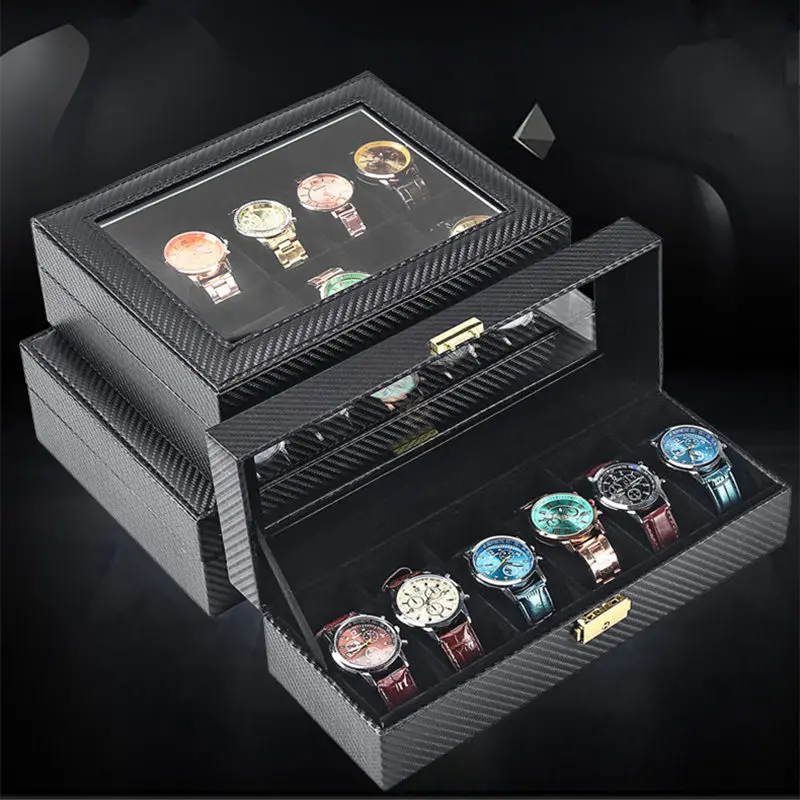 Carbon Fiber Leather Watches Storage Box With Key Black Leather Watch