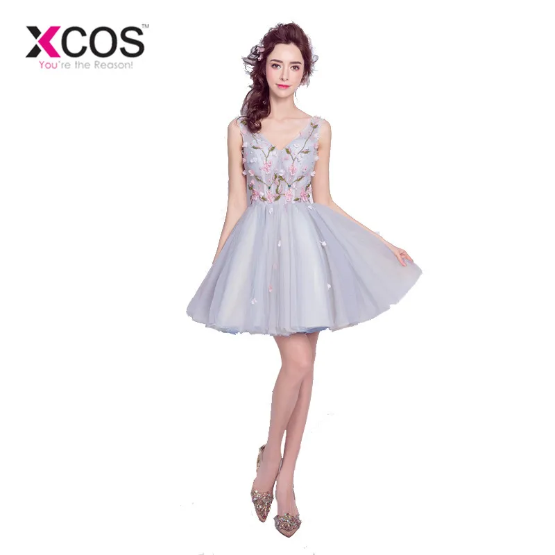 XCOS серые короткие платья для выпускного бала Платья с цветочным принтом Vestidos De