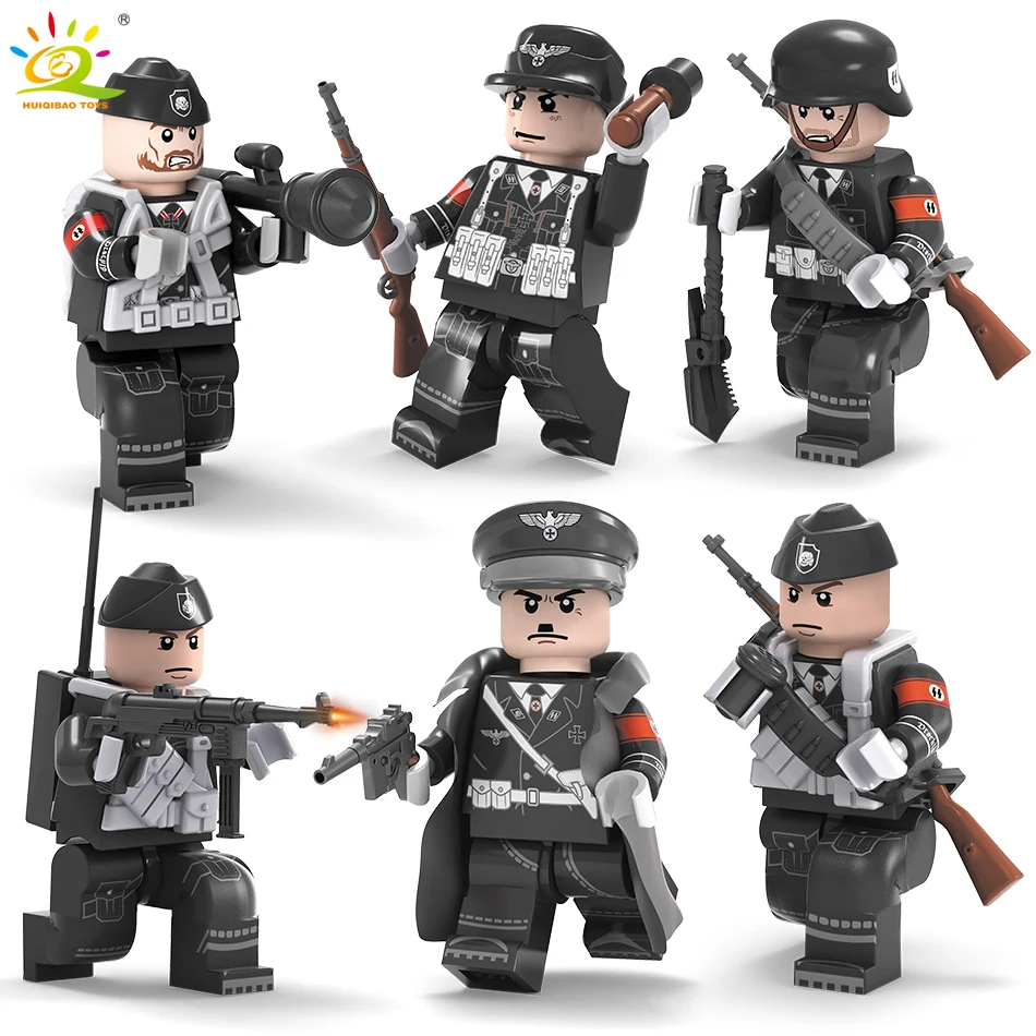 6PCS/set WW2 SS German Army Soldiers Guns Weapons Military Building Block Compatible Legoed Figures Bricks Toys For Children boy