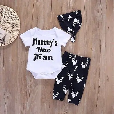 Комплект одежды для маленьких мальчиков, для новорожденных, для маленьких мальчиков, для мамы, мужской топ с короткими рукавами, комбинезон+ длинные штаны, шапка одежда, комплект одежды