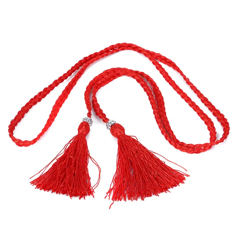 Женский плетеный пояс с кисточками в народном стиле, декорированный поясом, цепочка-пояс на талию для женщин, пояс для женщин, pasek damski - Цвет: Red