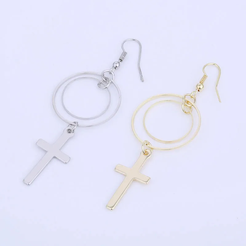 Long Dangle Cross Earrings Gold Color and Silver Plated Metal Women Fashion Jewelry Double Circle Round Hanging Cross Earrings (7)
