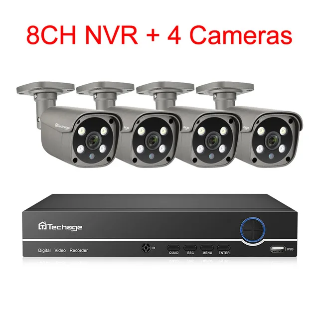 Techage 8CH 5MP POE NVR Камера безопасности системы H.265 двухсторонняя аудио запись ip-камера Крытый Открытый CCTV комплект видеонаблюдения - Цвет: 8CH NVR 4 Cameras