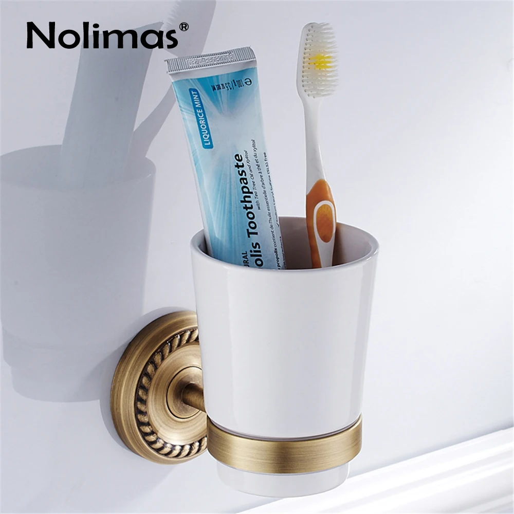 Brass Toothbrush Holders With Single Ceramics Cups Antique Wall Mounted