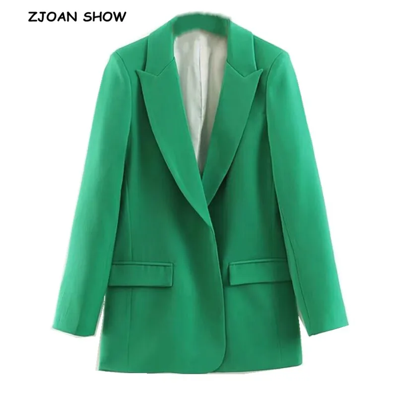 

2019 Autumn Boyfriend Style no button Green Blazer Women Notched Collar Pockets Loose Mid Long Suit Coat Fashion Femme