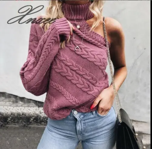 

2019 Xnxee spring and autumn new style head slant shoulder single-sleeve twist high collar knit sweater female