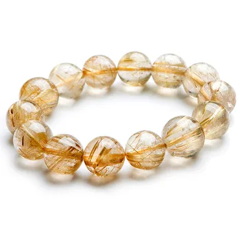 

Genuine Gold Natural Rutilated Quartz Bracelet 16mm Big Crystal Round Bead Stretch Woman Man Powerful Bracelet AAAAA