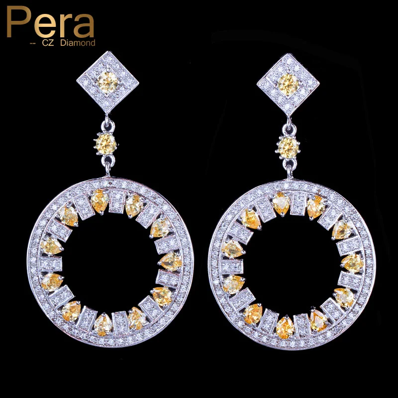 

Pera Luxurious Noble Design Sterling Silver Jewelry Big Hollow Dangle Round Yellow Zircon Stone Long Drop Earring For Women E381
