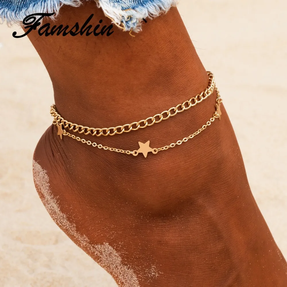 FAMSHIN Multilayer Pentagram Anklets Barefoot Crochet Sandals Foot Jewelry Leg New Anklets On Foot Ankle Bracelets For Women FAMSHIN Multilayer Pentagram Anklets Barefoot Crochet Sandals Foot Jewelry Leg New Anklets On Foot Ankle Bracelets For Women