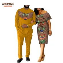 2018 spring casual couple suit AFRIPRIDE men’s full length long shirt+pants and butterfly sleeve knee-length women dress A18C001