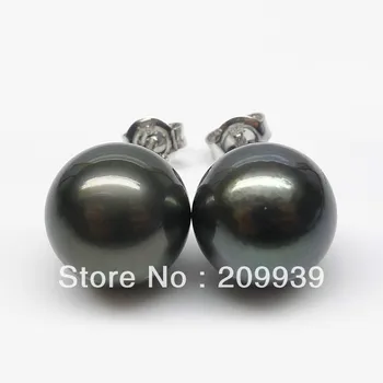 

hj 00112 ROUND BLACK 11.2+11.3MM GENUINE TAHITIAN PEARL 18K GOLD EARRING!STUD