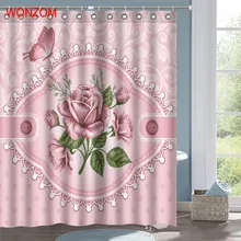 WONZOM Pink Rose Polyester Fabric Shower Curtain Flower Bathroom Decor Leaves Waterproof Cortina De Bano With 12 Hooks Gift 2017