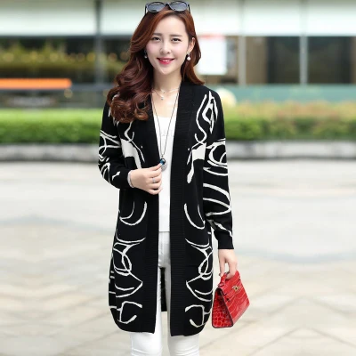 Корейская версия удобрения для увеличения размера женщин жира мм весенний вязаный кардиган B Шерсть длинные секции свободный свитер пальто - Цвет: Черный