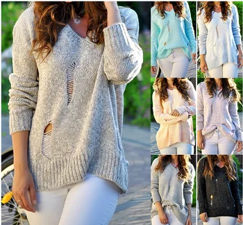 

Women Autumn Winter Knitted Sweaters and Pullovers V-neck Long Sleeve Hole Jumper Pull Femme
