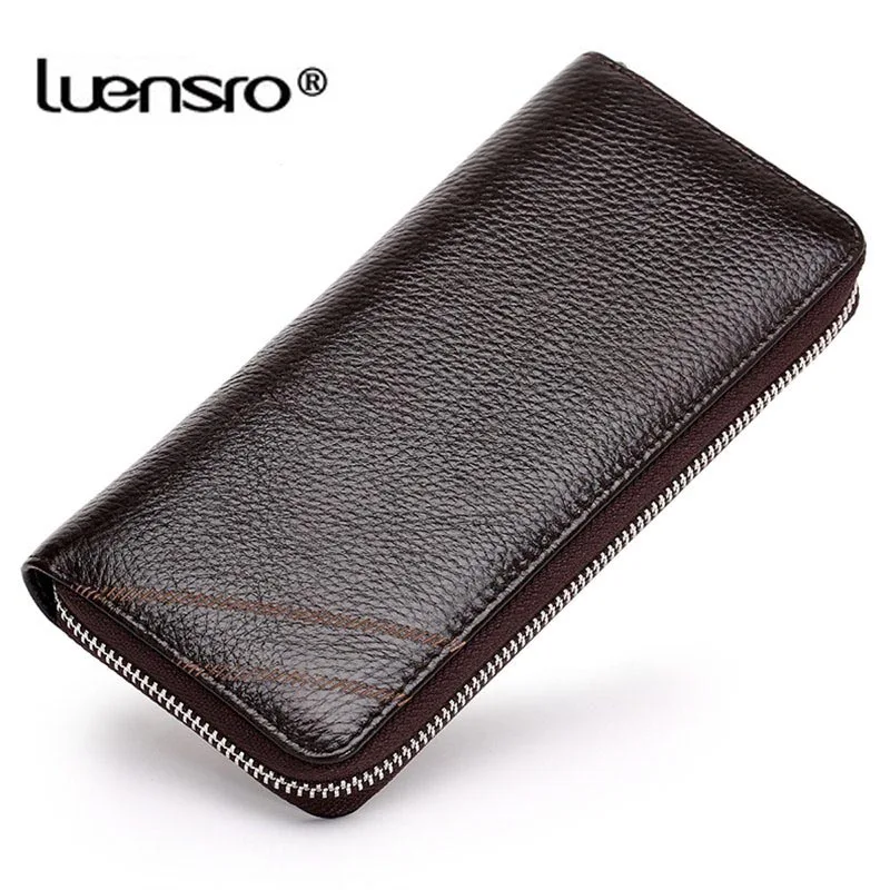 

LUENSRO Genuine Leather Long Wallet Men Zipper Clutch Wallet Handy Coin Purse Brand Slim Male Purse Soft Leather Men Wallet