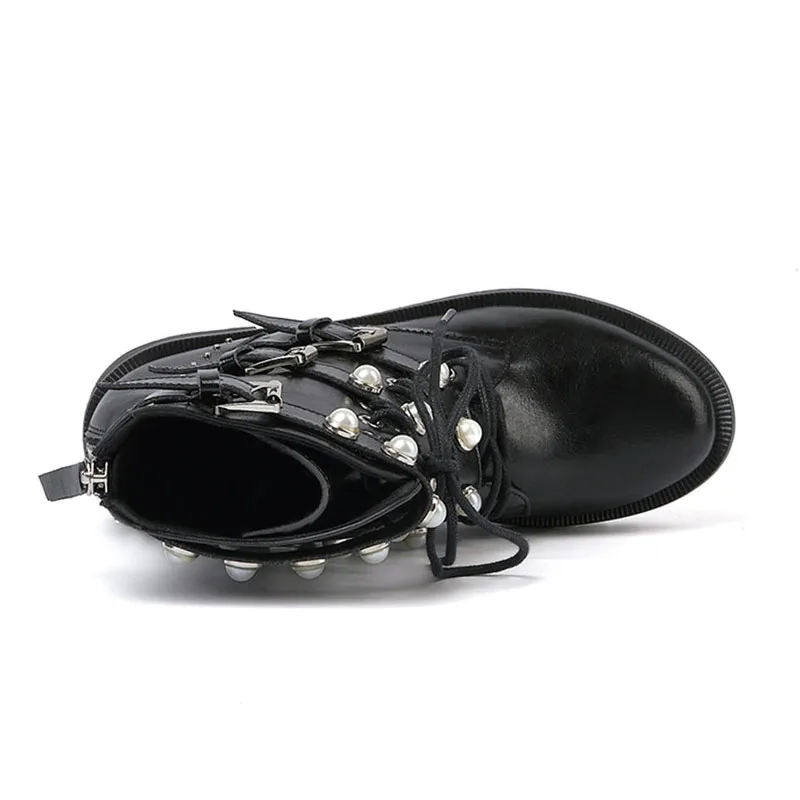 Coolcept/Ботинки martin из натуральной кожи для отдыха; женская обувь с жемчугом; повседневные ботинки с 3 пряжками; женские ботинки; размеры 34-39