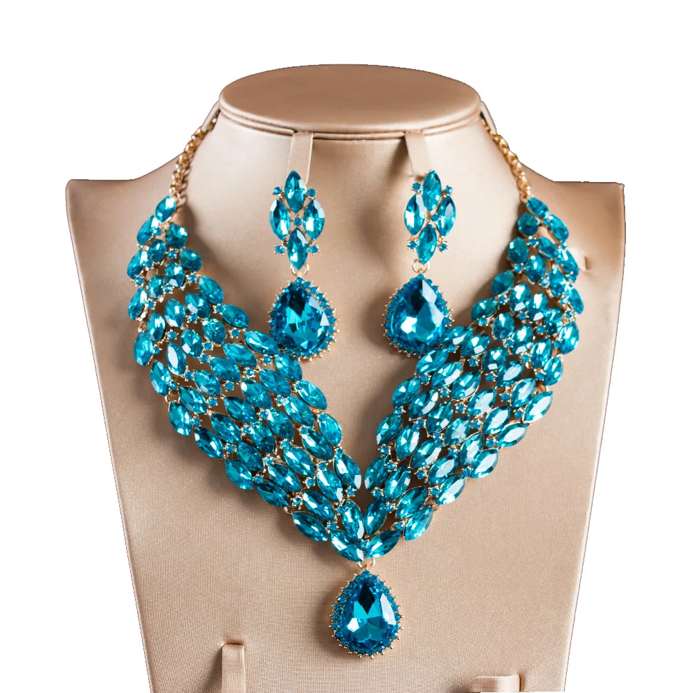 

2017 Free Shipping African Fashion Jewelry Sets Blue Crystal Rhinestone Necklace and Earring Set for Women Engagement Party