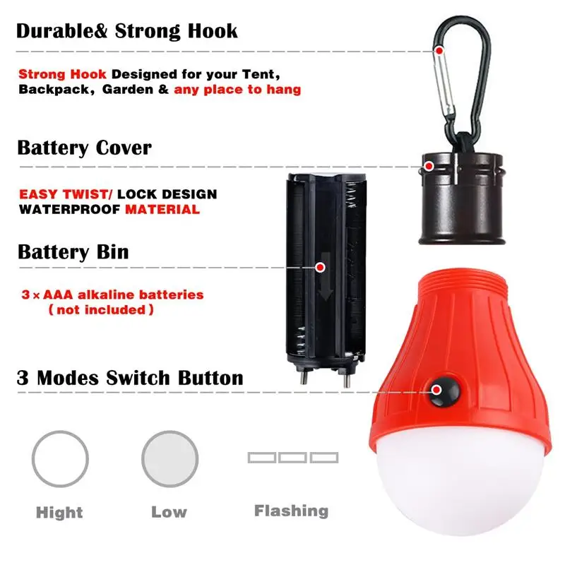 9 Mini Portable Lantern Tent Light LED Bulb Emergency Lamp Waterproof Hanging Hook Flashlight For Camping 4 Colors Use 3 pcs AAA