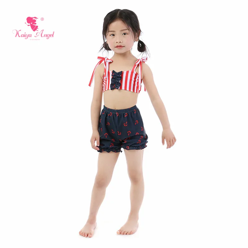Kaiya Angel/купальный костюм для маленьких девочек, летний ремень для шортов в красно-белую полоску, с бантом и рюшами, Лидер продаж, 5 шт./партия, с фабрики