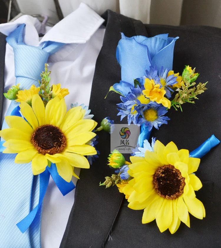 手作りの造花の結婚式の花新郎コサージュはブルーひまわりデイジーローズ Artificial Flowers Wedding Flower Weddingwedding Flowers Groom Aliexpress