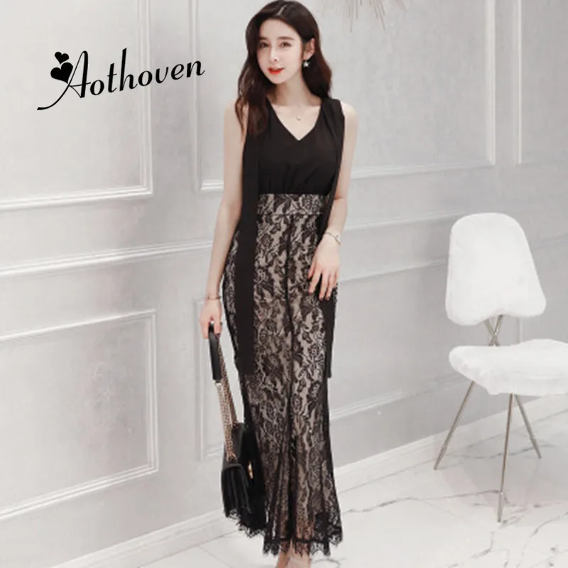 

2018 Summer Vintage Patchwork Lace Dress Women Black Slim V-neck Tank Sleeveless Maxi Dress Sexy Vestidos Office Party Dresses