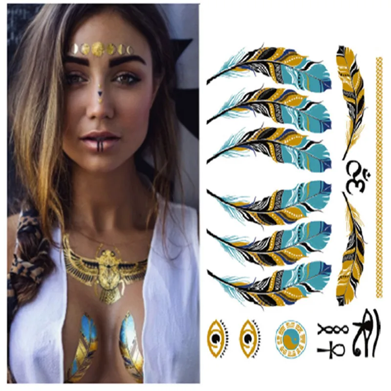 

2018 hot sales Free shipping DIY Flash Tattoo Gold Silver Metal Temporary Tattoo feather eye Wholesale waterproof for Body Paint