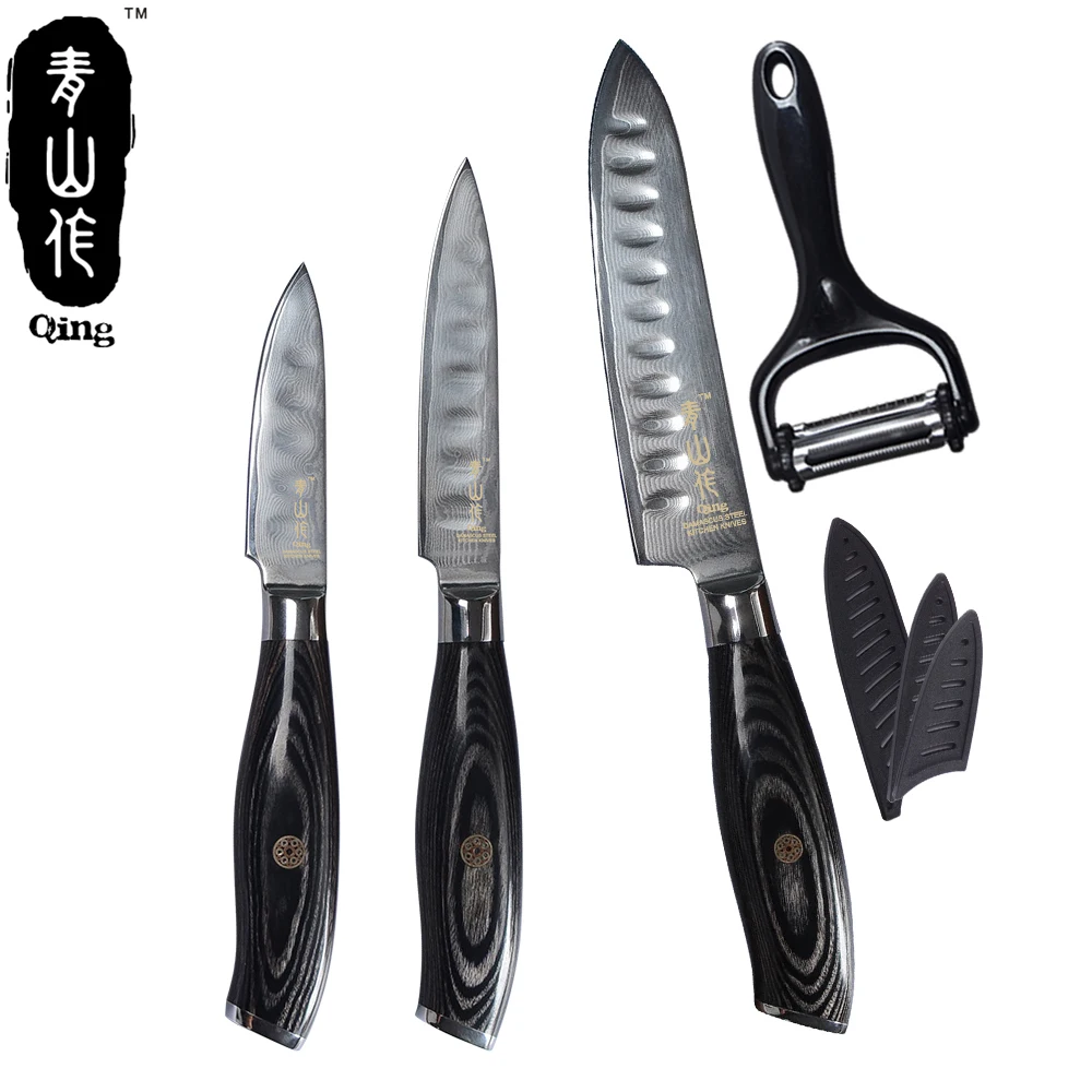 QING Cooking Tools 4pcs Set 3 4 6 inch Damascus Kitchen Knife &amp PP Covers Multipurpose Black Handle Peeler Best Selling | Дом и сад