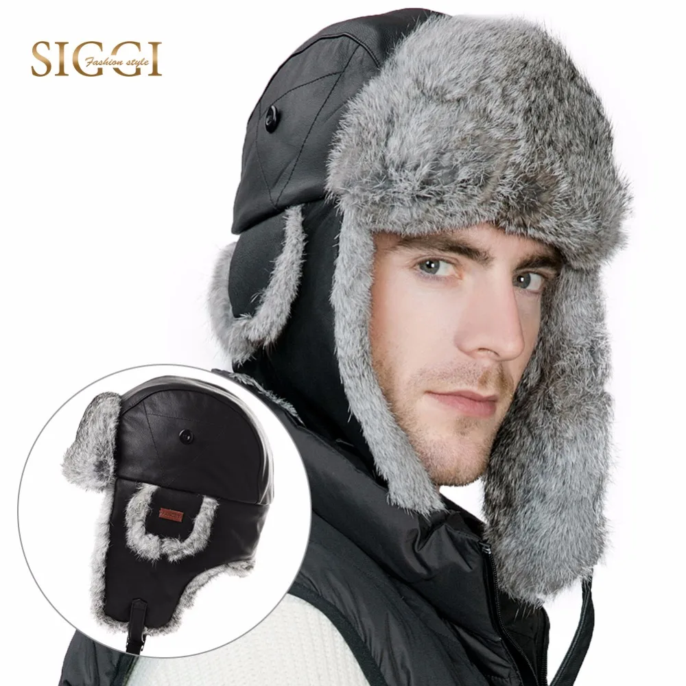 FANCET Winter 100 Rabbit Fur Men Bomber Hats Sheepskin Leather