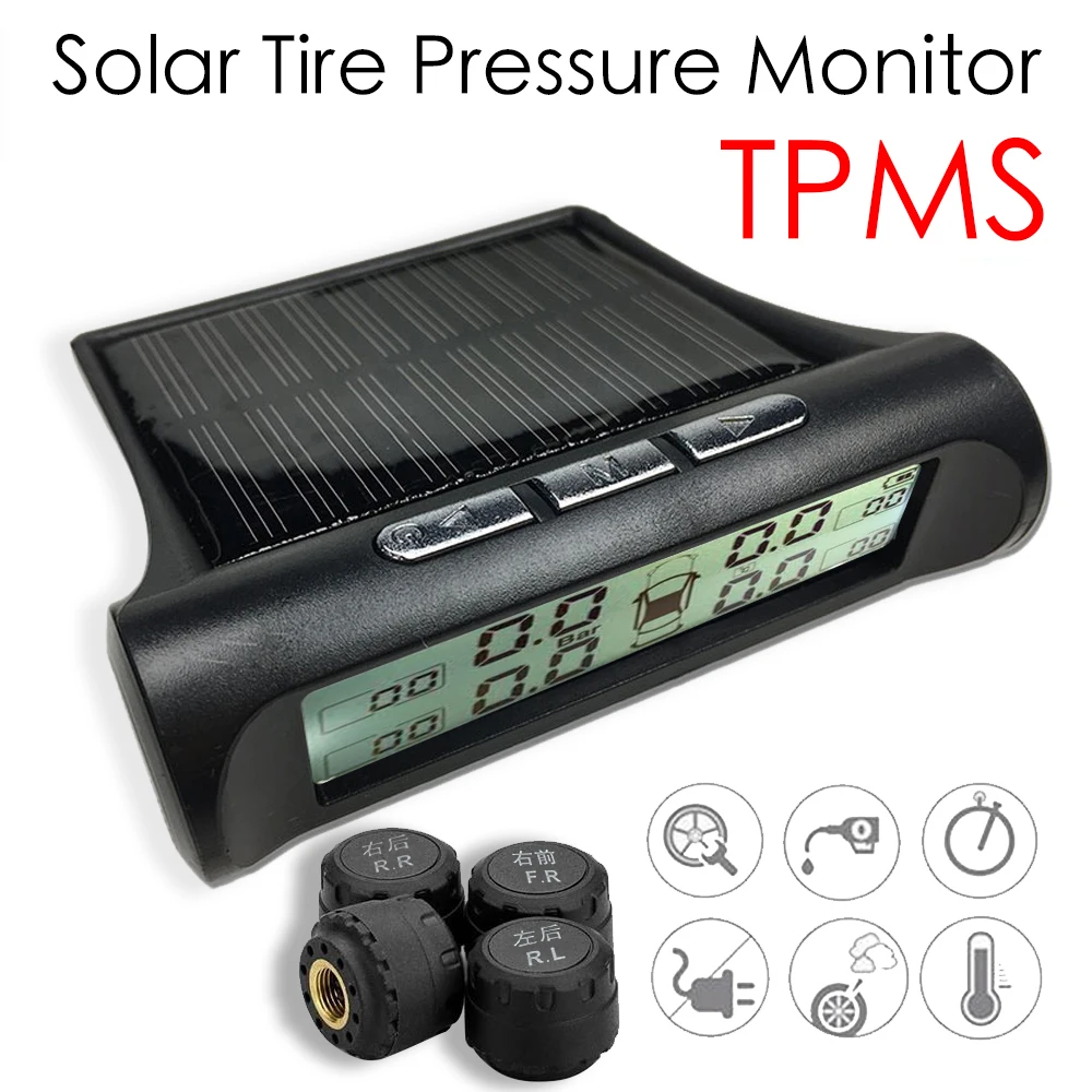 TPMS Tire Pressure Alarm Monitoring System Smart Solar Tyre Pressure Monitor 4 Sensor Valve TMPS Gauge Vistur LCD Color Display