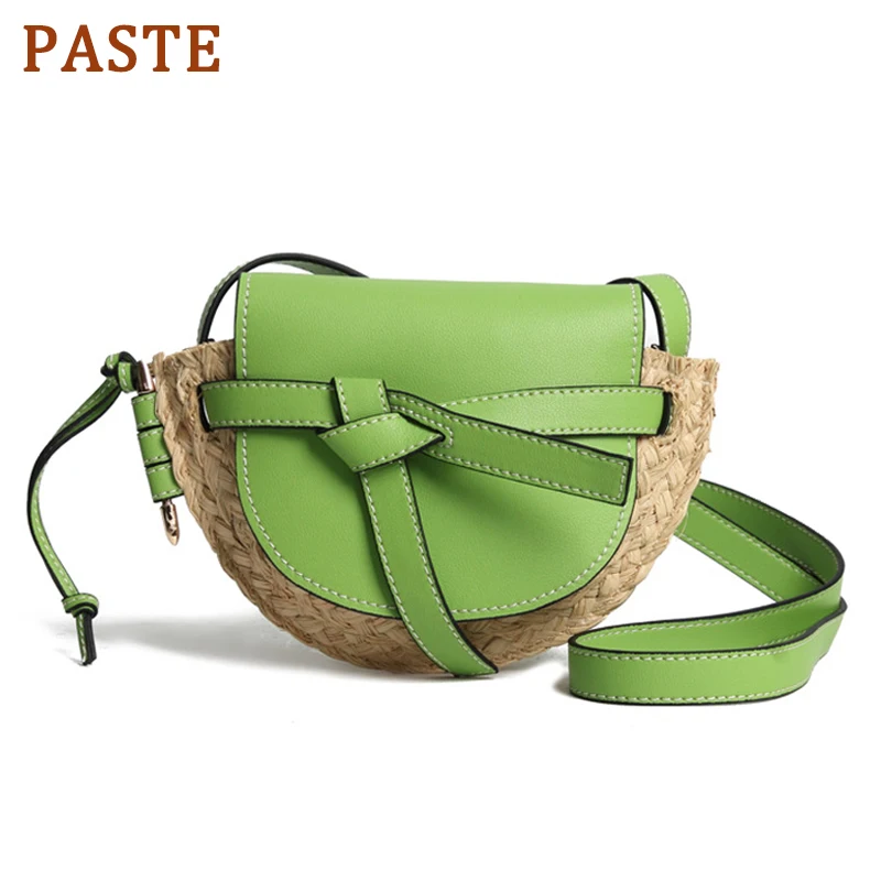 

PASTE Summer Genuine Leather Patchwork Straw Bag Designer Saddle Shoulder Bags Mini Beach Bags Ladies Crossbody Bag bolso mimbre