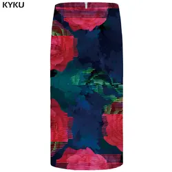 KYKU бренд юбки с цветочным рисунком Для женщин с цветочным рисунком розы красочные карандаш листьев Повседневное Живопись 3d принтом Юбка