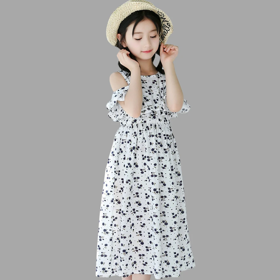 Детские платья для девочек, летнее пляжное детское платье с открытыми плечами и цветочным рисунком хлопковый длинный костюм для девочек 4, 6, 8, 10, 12, 13 лет