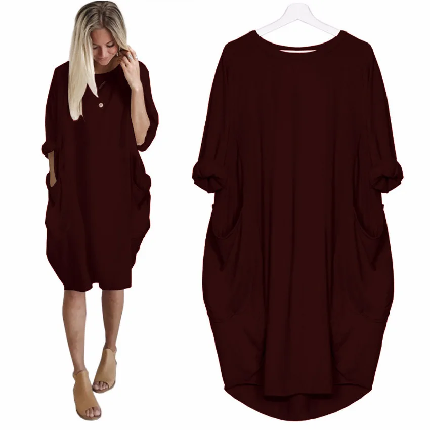 

Loose Pocket Long-sleeved Dress Women Explosion Models Elegant Dress 2019 European and American Solid Ten Color Eight Yards