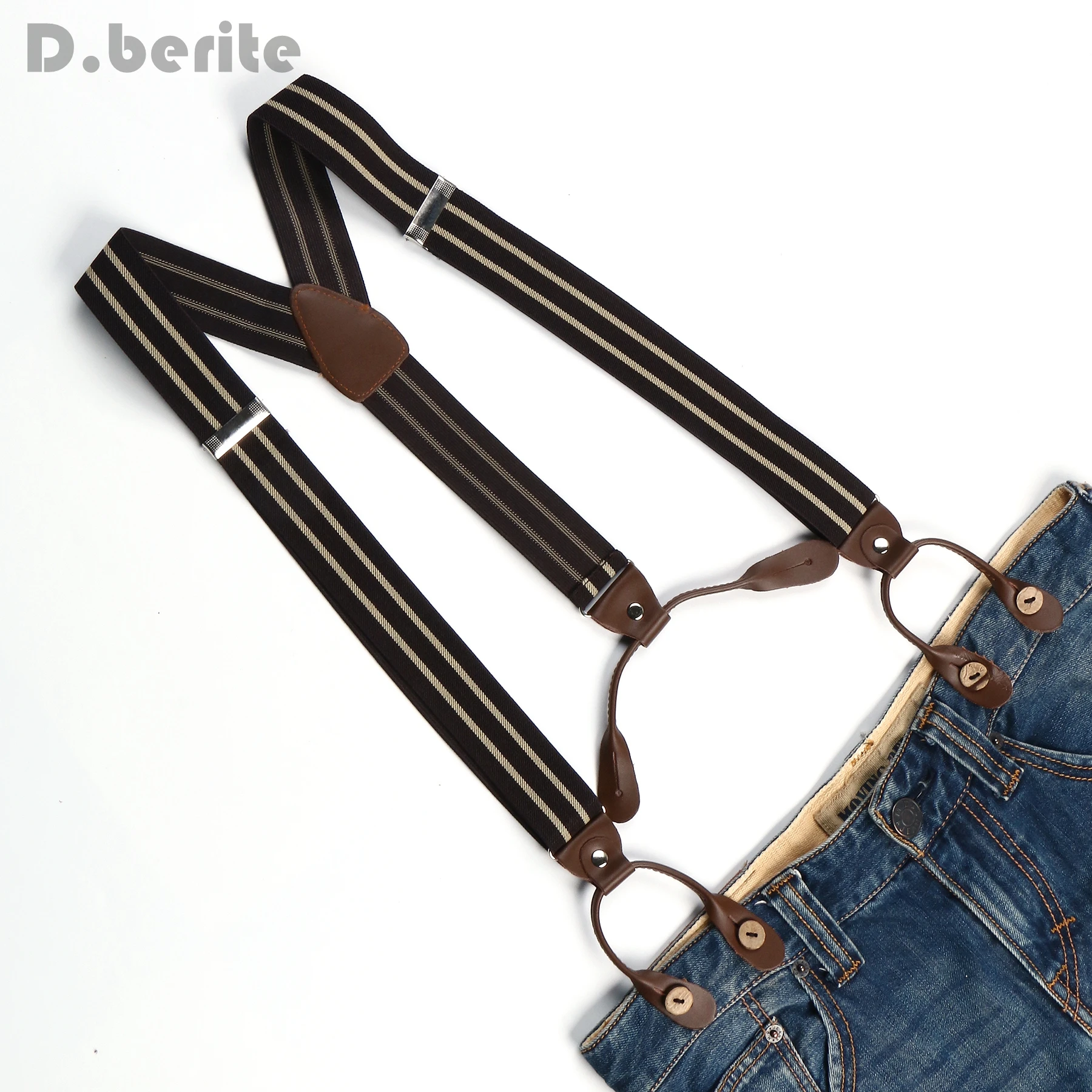 Braces Suspender Adjustable Leather Fitting Six Button Belt Dark Coffee