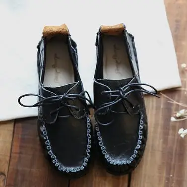 Обувь ручной работы из воловьей кожи с HUIFENGAZURRCS- носком художественная обувь в стиле ретро mori girl Женская повседневная обувь на плоской подошве - Цвет: Black
