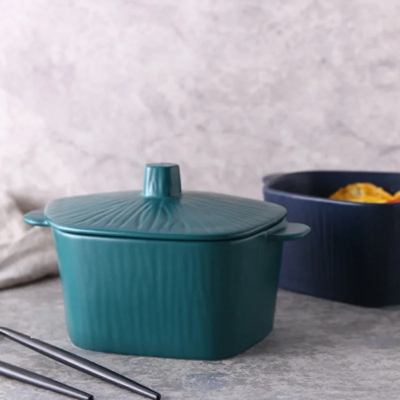 

Creative Ceramic tableware Japanese Binaural Ramen Bowl Soup Rice Salad Bowl Dinnerware plate Large Capacity Ceramic Cover