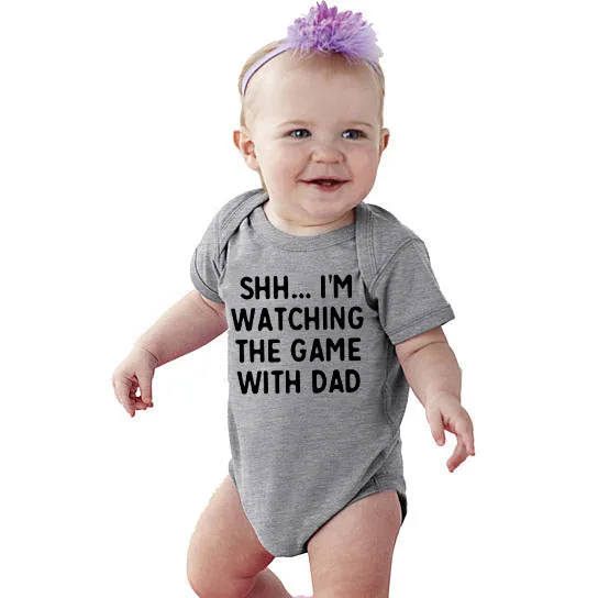 

Toddler Girls Boy Outfit Shh, I'm Watching Game with Dad Letter Print New Soft Jumpsuit Summer Newborn Kids Short Sleeve Romper