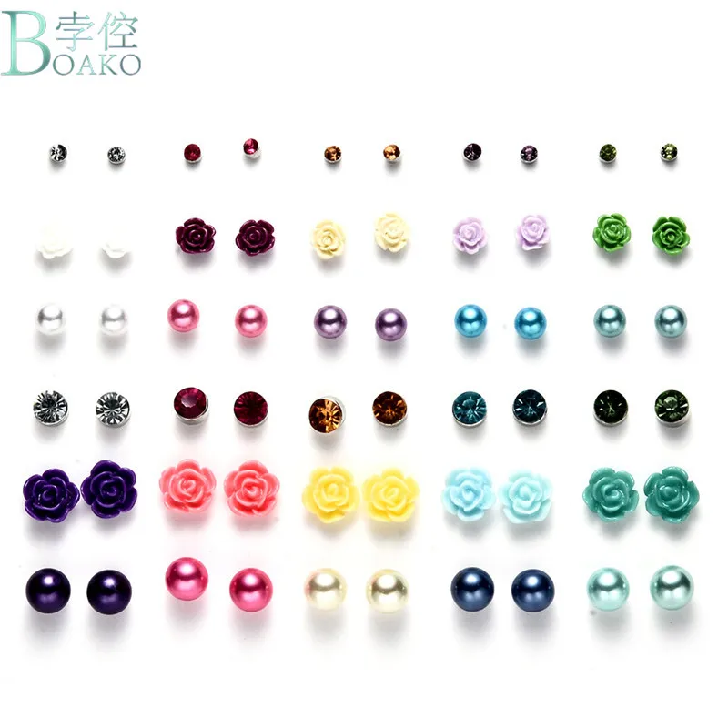 

30 Pairs/lot Simulated Pearl Stud Earrings Set for Girls Cute Flowers Animal Emoji Ear Studs Drop Shipping Kids Jewelry