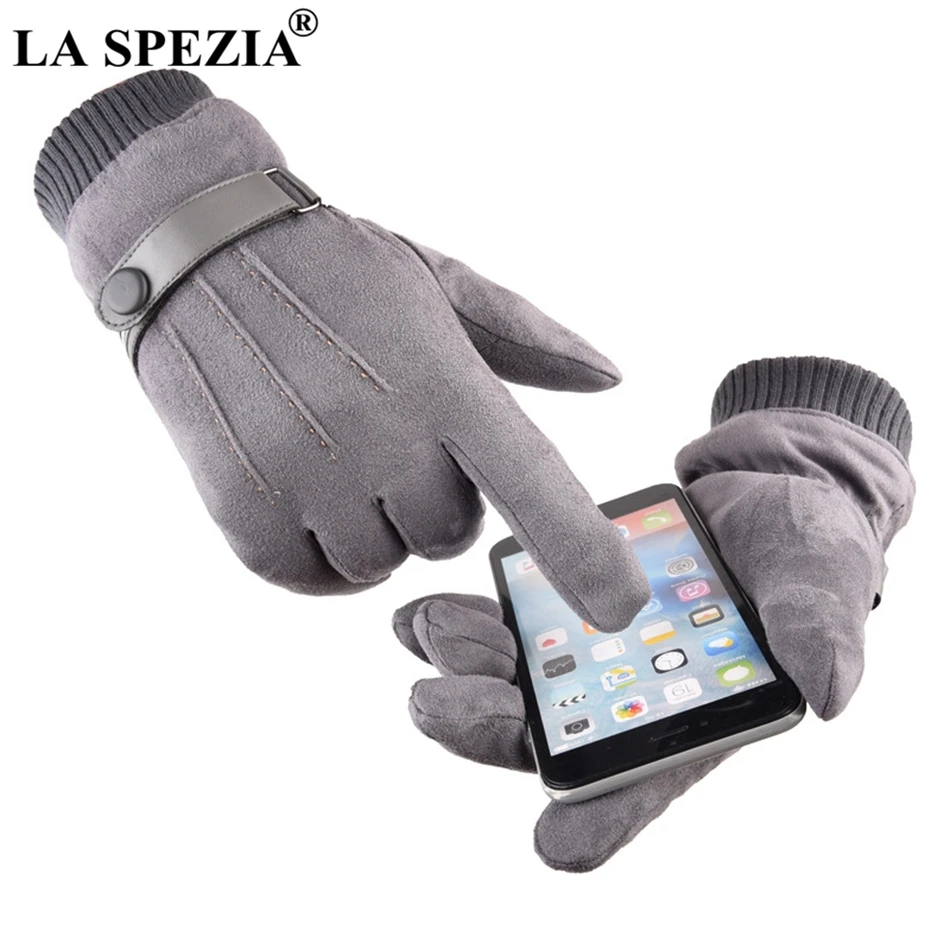 LA SPEZIA мужские перчатки Зимние перчатки с сенсорным экраном замшевые перчатки с поясом темно-синие повседневные теплые мужские толстые кожаные перчатки мужские ветрозащитные