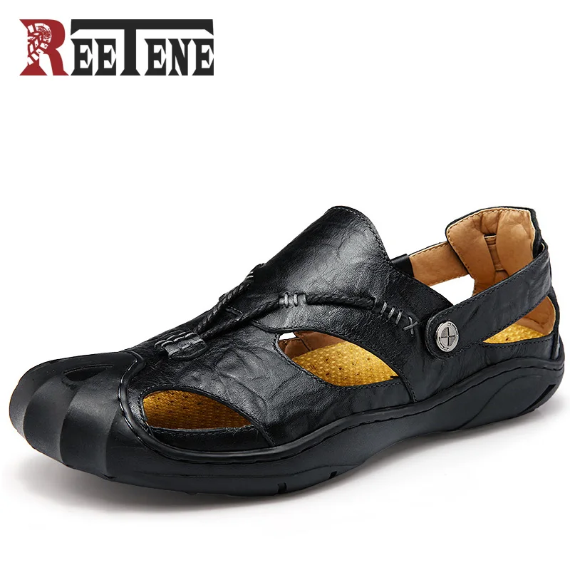 

REETENE New Genuine Leather Men Sandals Summer Shoes For Men Non-Slip Rubber Soles Beach Shoes Men'S Sandals Slippers Flop Flips