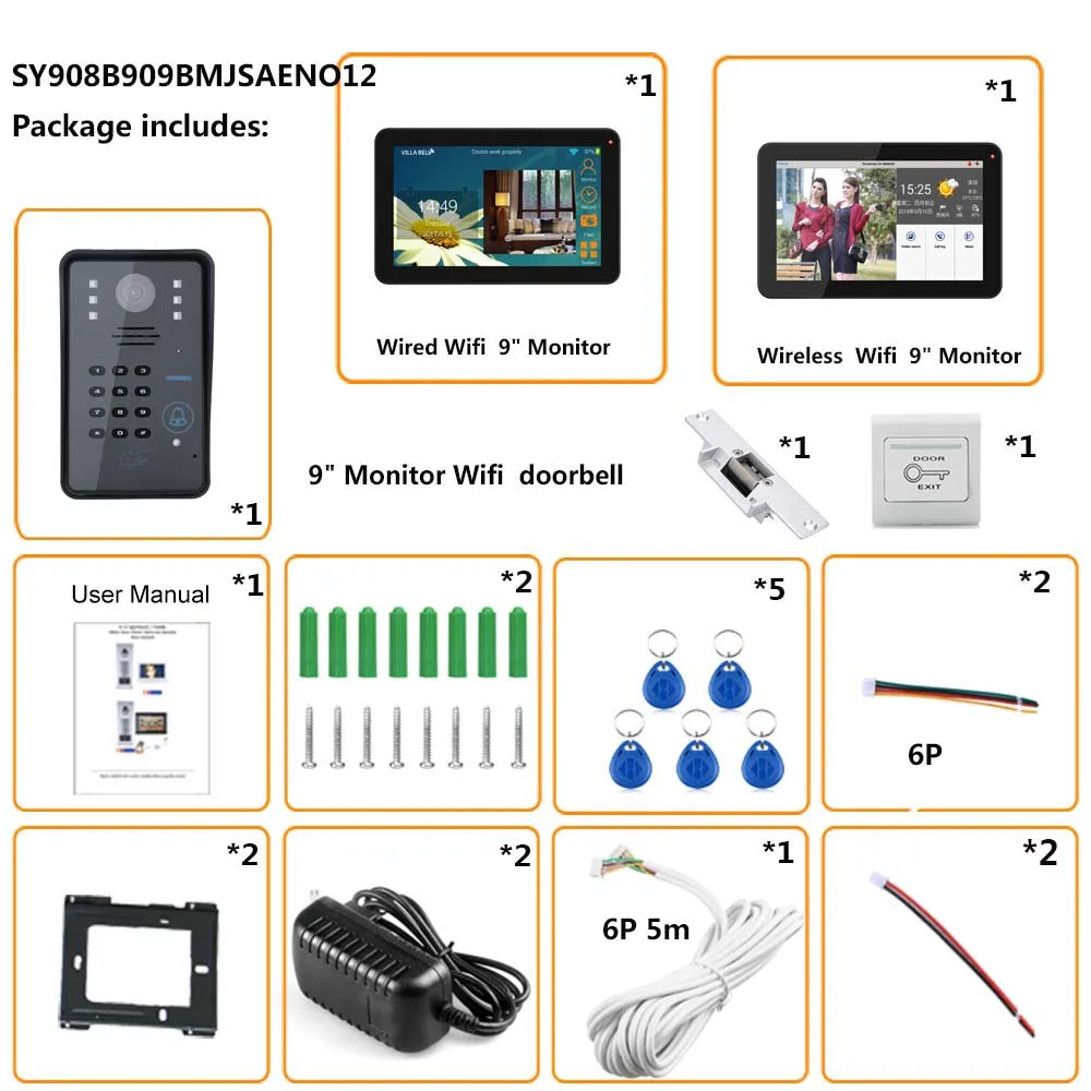 9 дюймов 2 Мониторы проводной/Беспроводной Wi-Fi RFID пароль видео дверь домофон Системы с электрическим замком удара