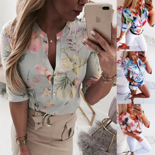 

Women Ladies Half Sleeve Slim Tops Shirt Casual Print Summer Button Blouse Fashion Womwn Clothes