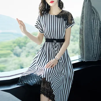 

2020 summer new women's lace stitching long short sleeve striped dress female