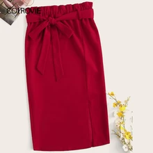 COLROVIE красная Однотонная юбка-карандаш с разрезом, элегантная женская юбка с поясом, весна, высокая талия, жабо, миди юбки, офисные женские юбки