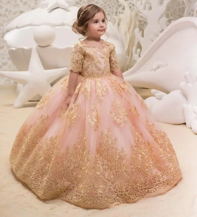 

Luxury Gold Lace Appliques Ball Gown Pink Puffy Tulle Long Flower Girl Dresses First Communion Dresses For Girls Pageant Gown